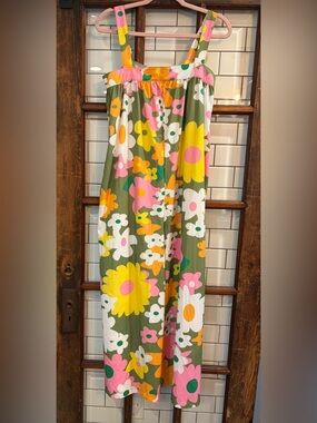 Floral Romper  in Olive Green with Pink, Yellow & White Flowers